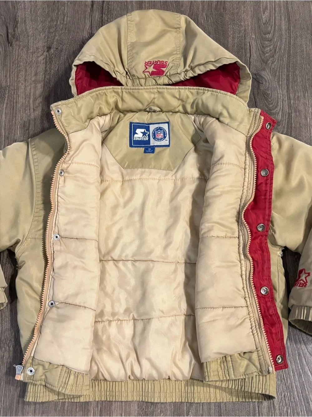Rare Retro STARTER 1980-90s NFL San Francisco 49ers Hooded Gold Jacket Kids SmL